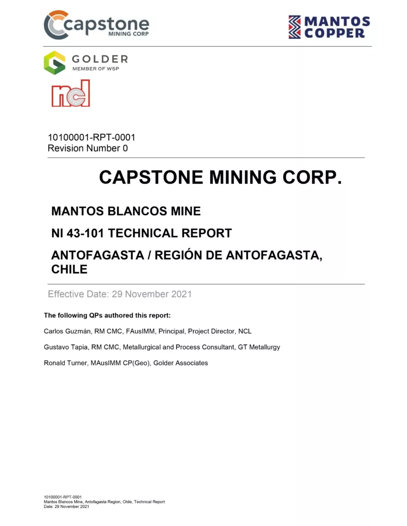 2021 NI 43-101 Technical Report of the Mantos Blancos Mine, Antofagasta, Chile