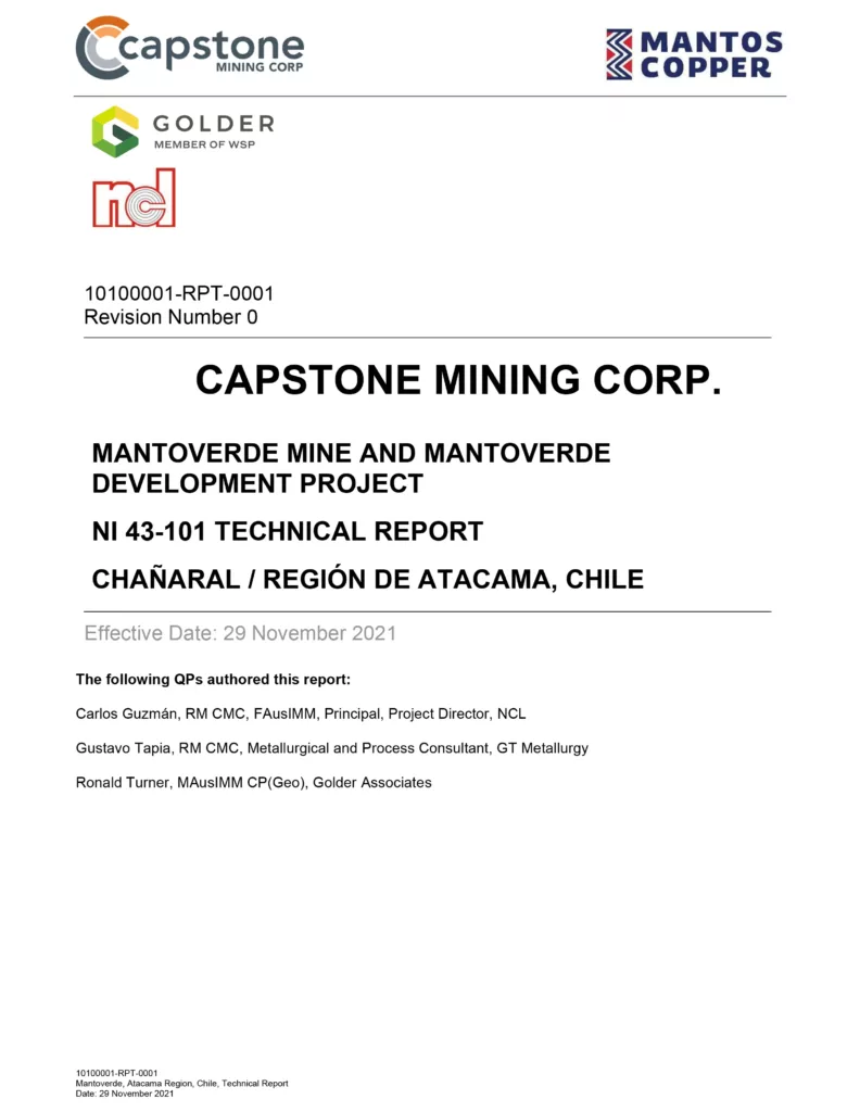 2021 NI 43-101 Technical Report for Mantoverde Mine and Mantoverde Development Project, Atacama, Chile