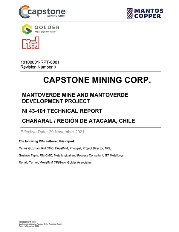 2021 NI 43-101 Technical Report for Mantoverde Mine and Mantoverde Development Project, Atacama, Chile