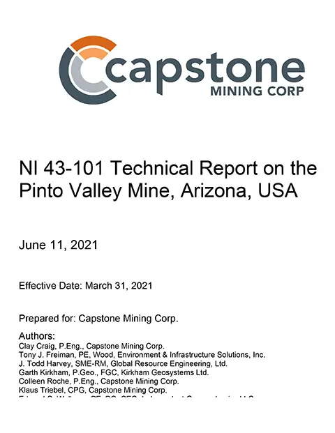 2021 NI 43-101 Technical Report on the Pinto Valley Mine, Arizona, USA