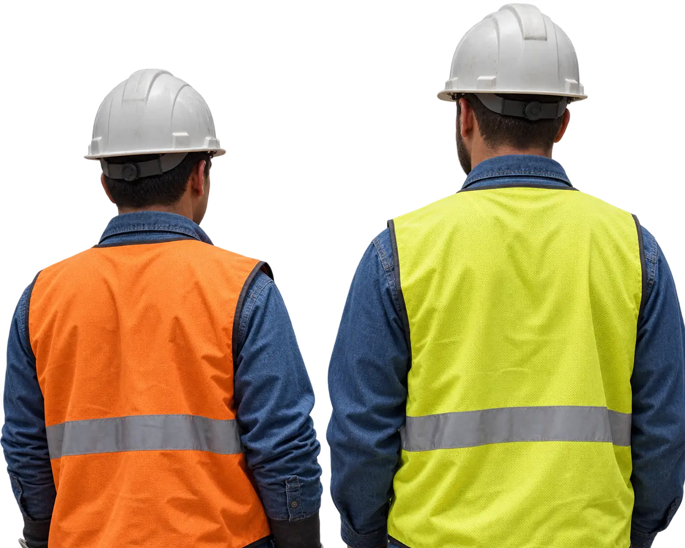 Dos empleados del equipo de exploración de Capstone Copper, con cascos y chalecos de seguridad de alta visibilidad, observan una mina a cielo abierto.